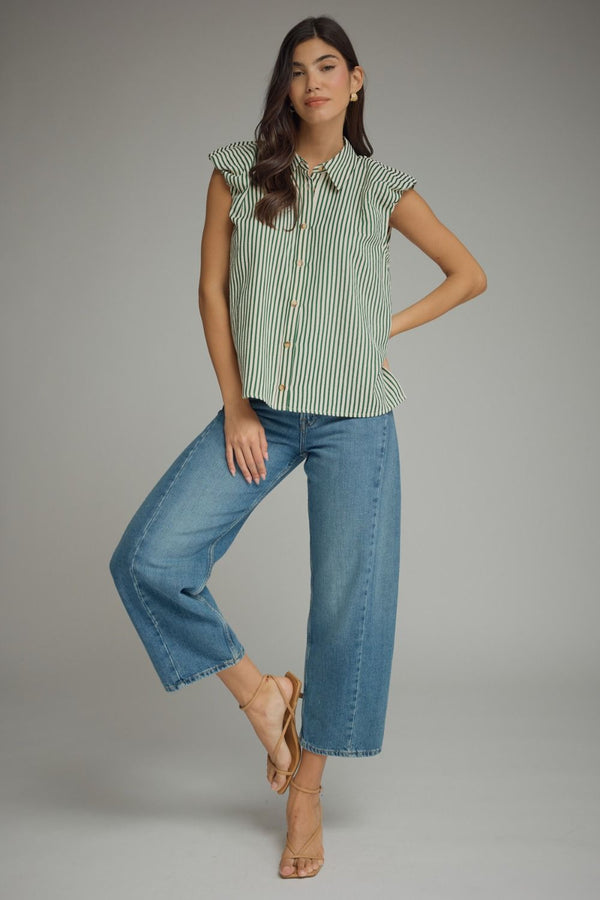 Olive Stripe Cap Sleeve Top w Ruffle Trim Sleeves
