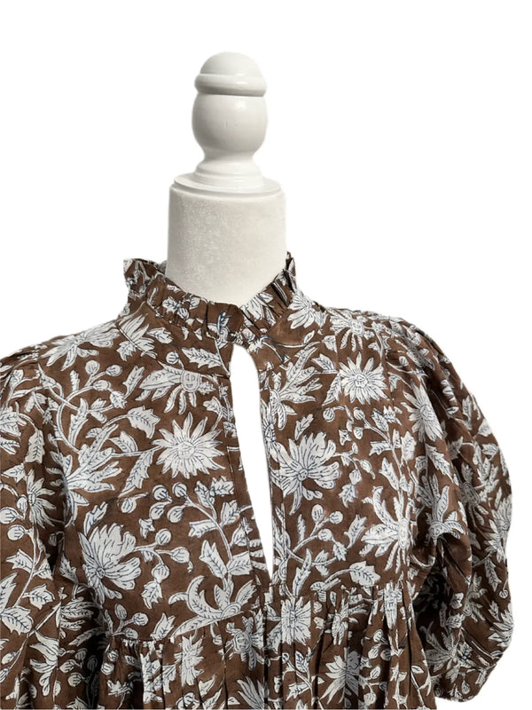 Brown Floral Maxi Puff Sleeve Dress W Pockets and Belt