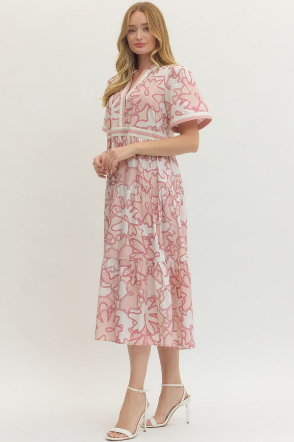 Pink Printed Short Sleeve Midi Dress w V-neck