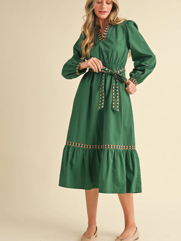 Hunter Green Embroidered Detail Midi Dress