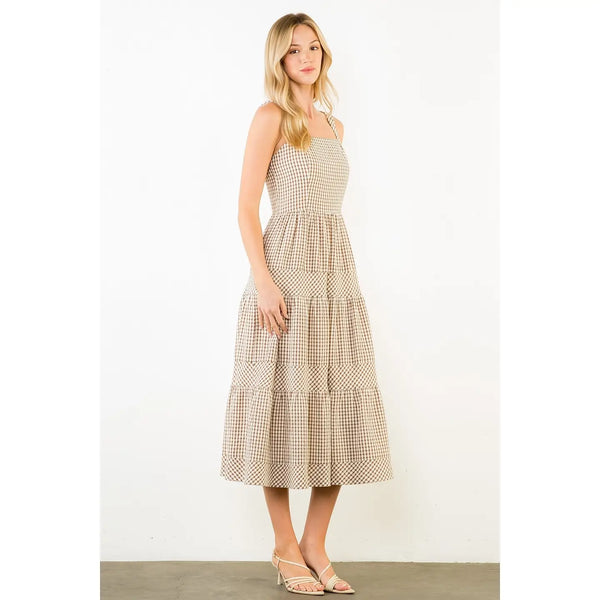 Thin Strap Brown Gingham Tiered Dress