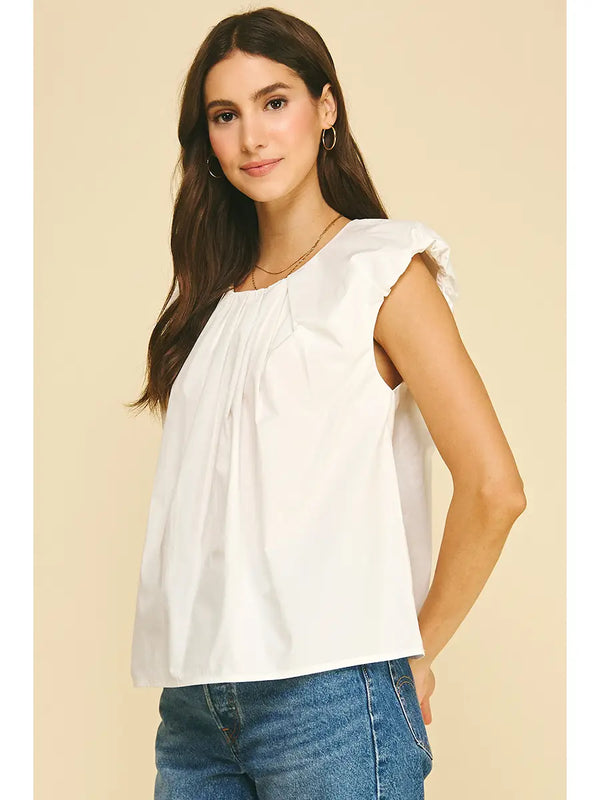 White Pleated Flutter Sleeve Blouse