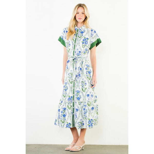 Maxi White & Floral Dress with Tie Waist