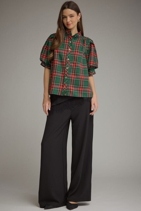 Green Plaid Short Puff Sleeve Top featuring Button Cuffs