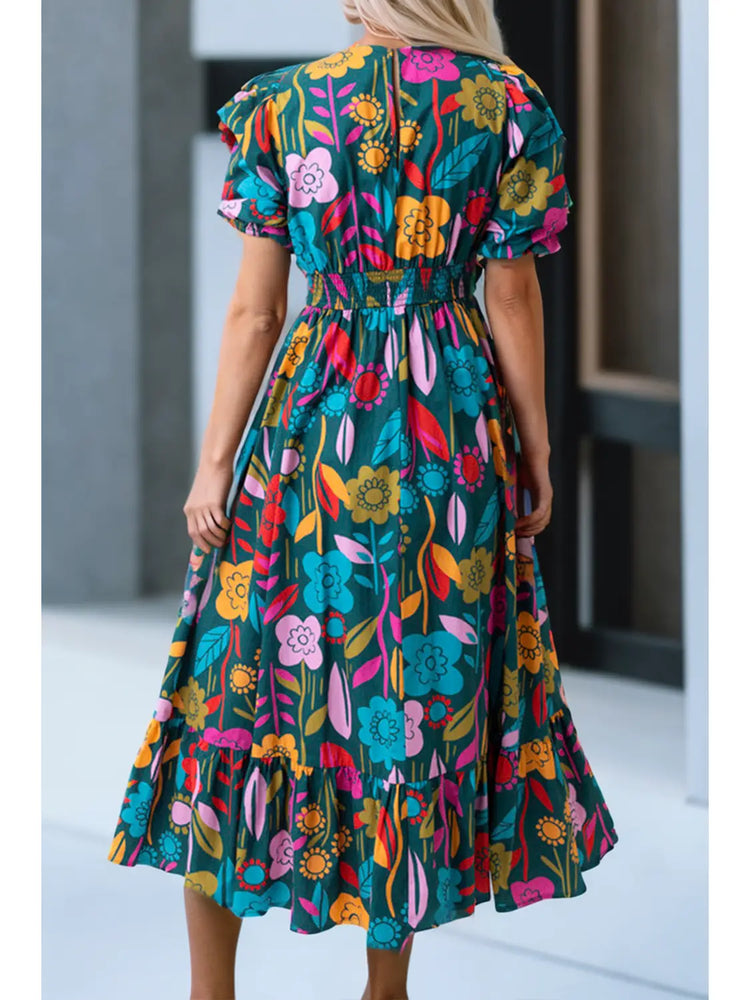 Green Retro Floral Print Dress