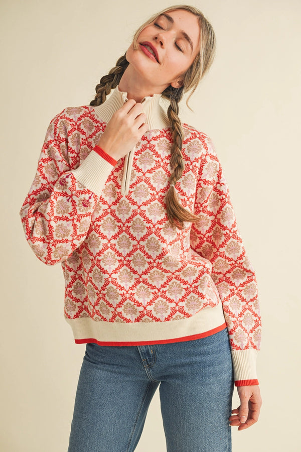Floral Mock Neck Half Zip Pullover: Cream Orange