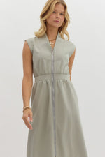 Sage Sleeveless Zip-up Midi Dress