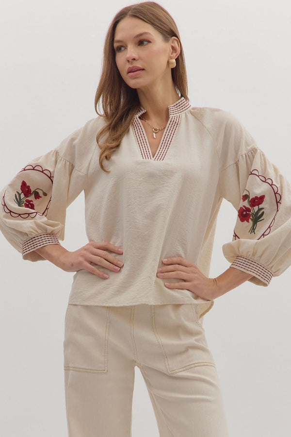 Ecru Long Sleeve Top w Floral Embroidery and Scallop Details