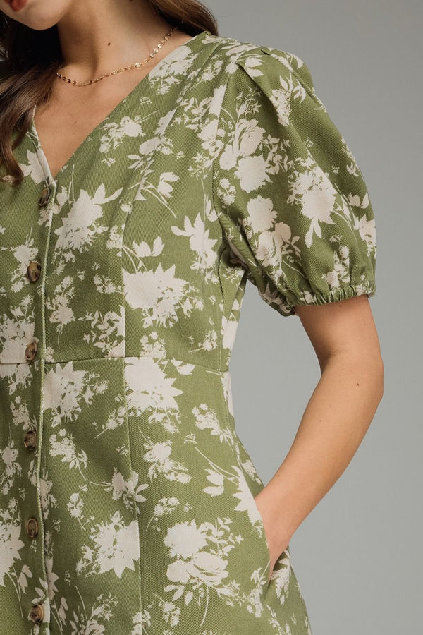 Olive Floral Puff Sleeve Mini Dress