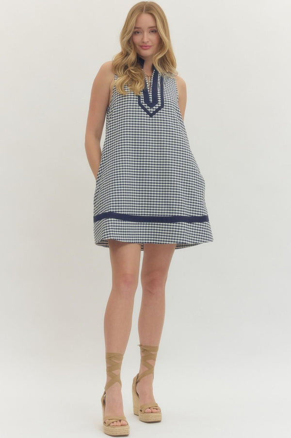 Navy Gingham Sleeveless Mini Dress w Contrast Trim
