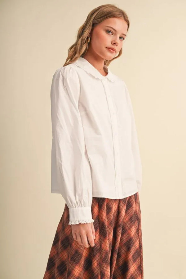 Off White Button Up Top with Scalloped Trim