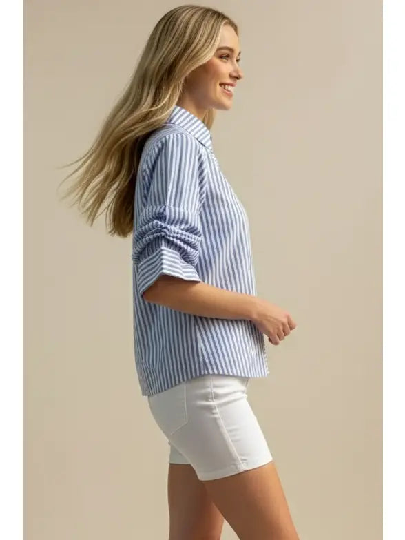 Ruched Light Blue Sleeve Striped Button Down Shirt