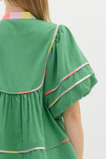 Green Multi Color Trim Puff Sleeve Top