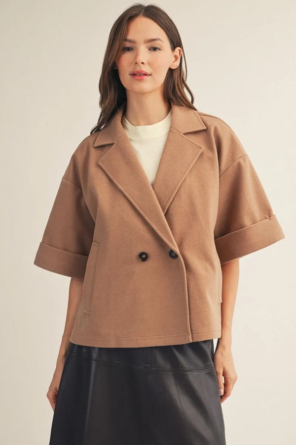 Taupe Half Sleeves Double-Breasted Short Coat