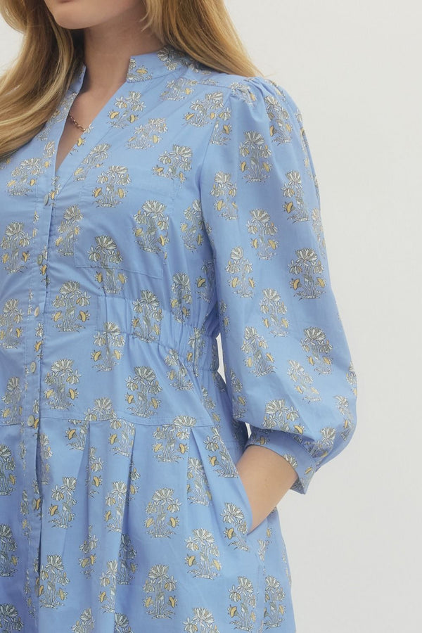 Blue Floral Print Mini Dress Featuring Band Collar