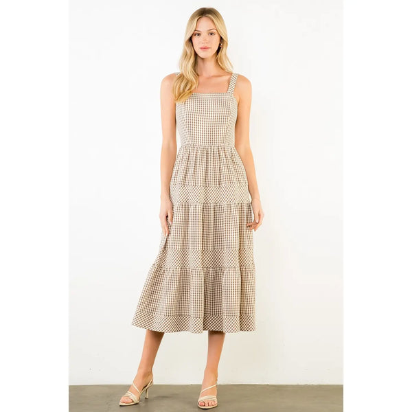 Thin Strap Brown Gingham Tiered Dress