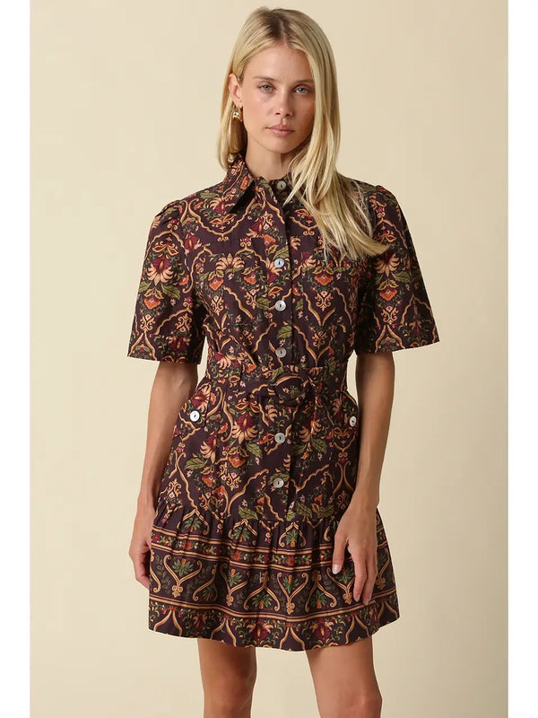 Belen Chocolate Paisley Belted Mini Dress