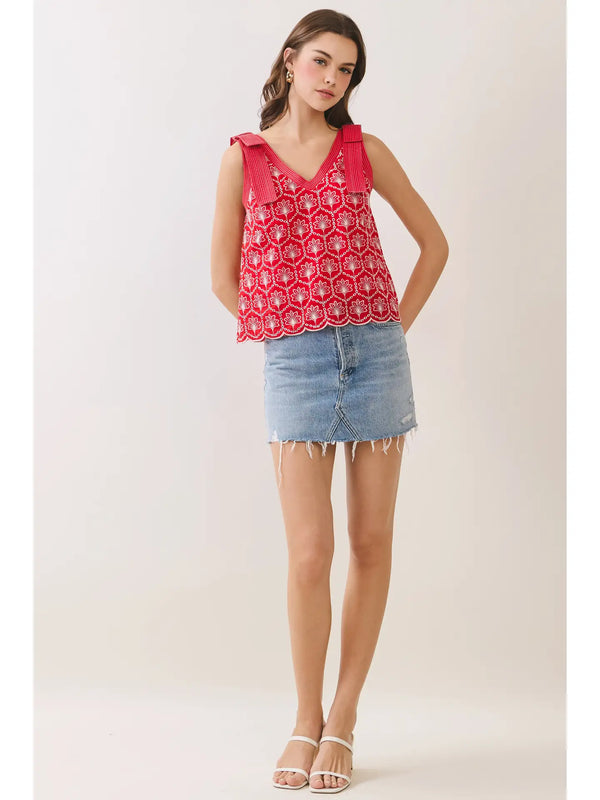 Red Eyelet Bow Strap V Neckline Top