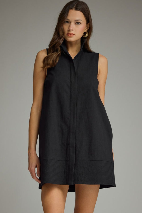 Solid Black Stand Collar Sleeveless Mini Dress