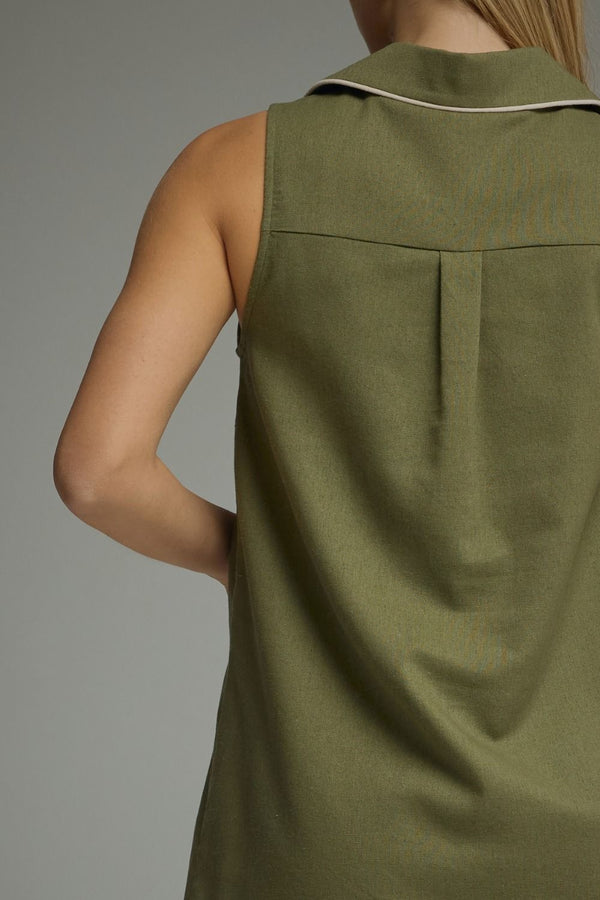 Olive Sleeveless Mini Dress w Contrast Piping