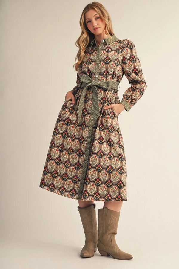 Black Multi Long Sleeves Button Down Floral Midi Dress w Belt