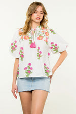 Puff Sleeve Floral Tassel Tie Top