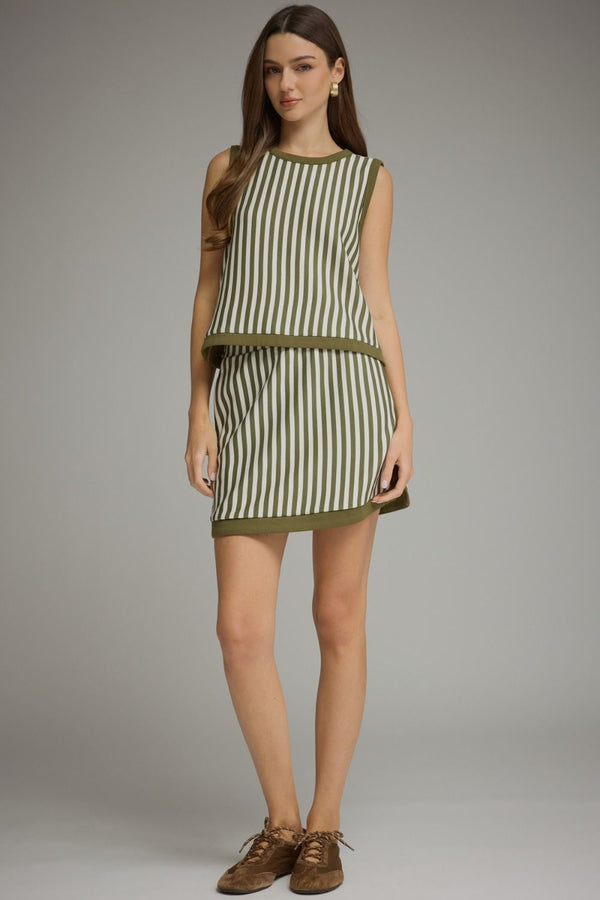 Olive Stripe Mini Skirt w Contrast Hem