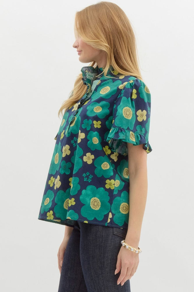 Navy Top with Green Floral Mix