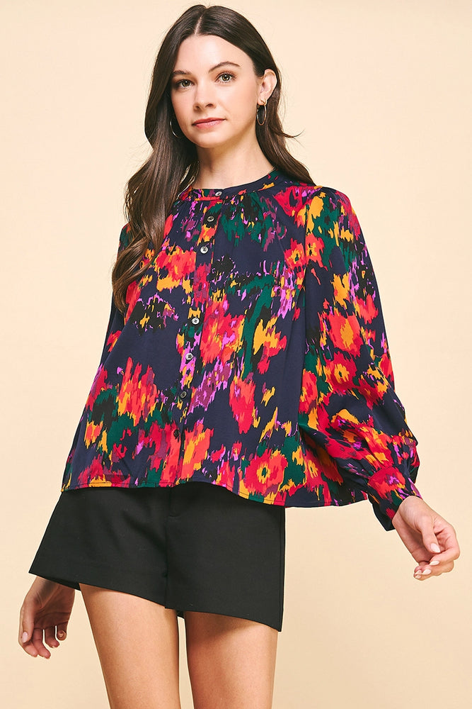 Print China Collar Blouse