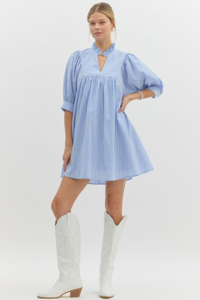 Pinstripe V-Neck Dress - Chambray