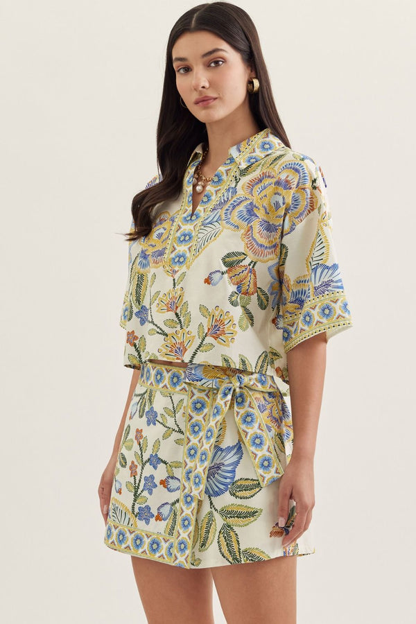 Lt Blue Mix Botanical Print Short Sleeve Top
