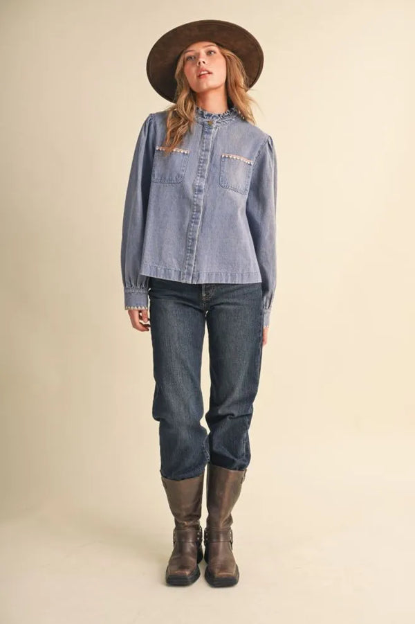 Denim Button Down Top w Ruffle Mock Neckline