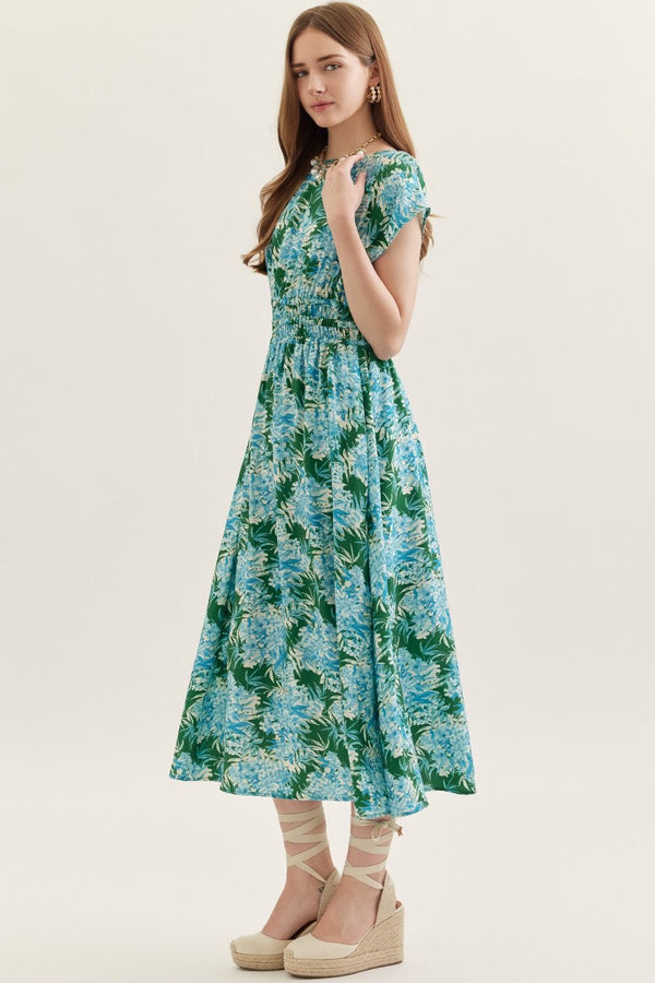 Botanical Green & Blue Print Cap Sleeve Midi Dress