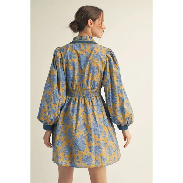 Blue Ruffled Neck Floral Dress