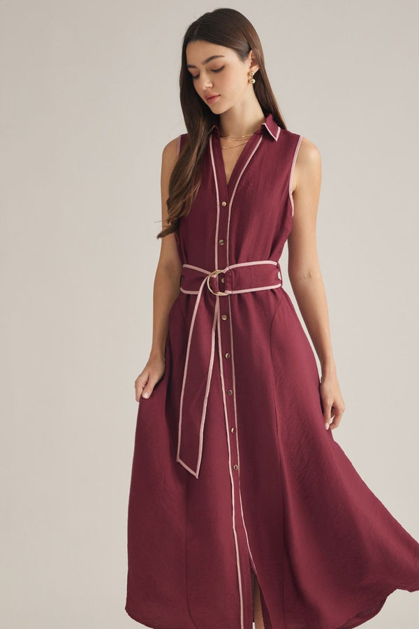 Sleeveless Burgundy Midi Dress w Contrast Piping & Belt