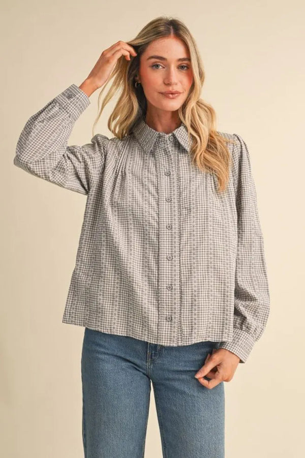Grey Gingham Embroidered Trim Button Up Top