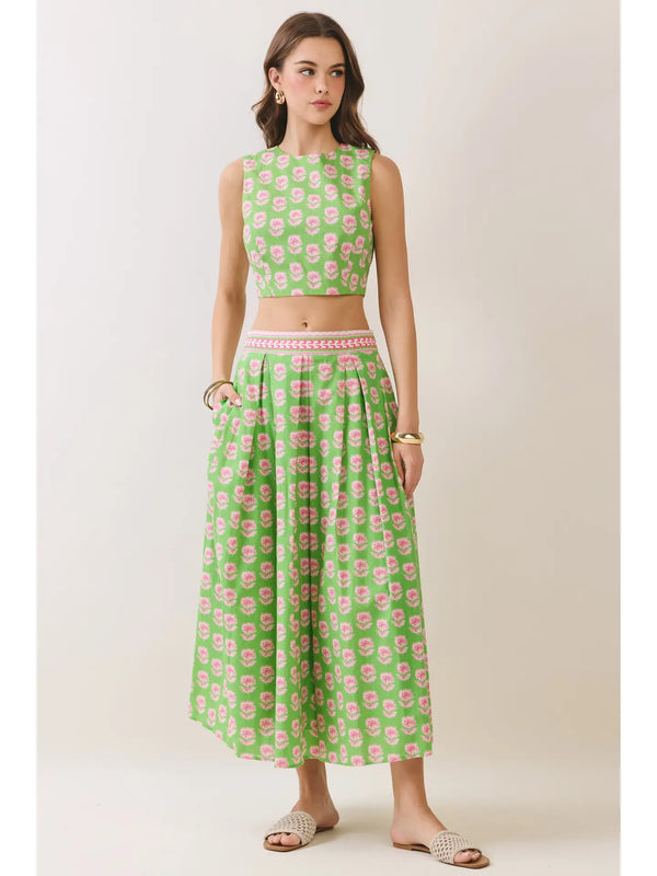 Green Floral Print Contrast Trim Detail Midi Skirt