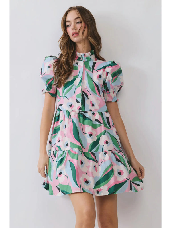 Floral Puff Sleeve Tiered Ruffle Neck Mini Dress