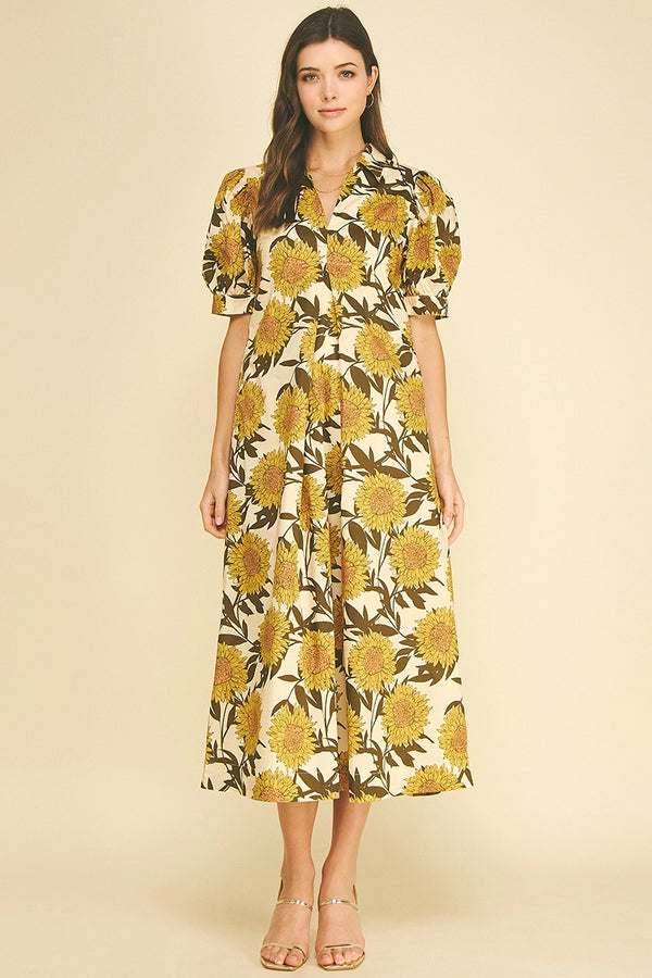 Golden Sunflower Puff Sleeve Midi Dress