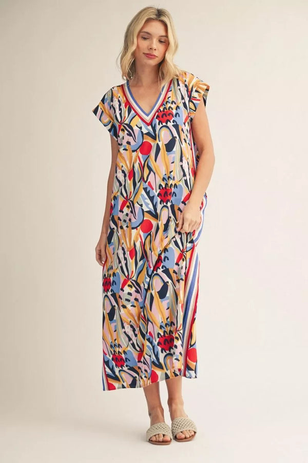 Drop Shoulder Multi Color Geo Print Midi Dress
