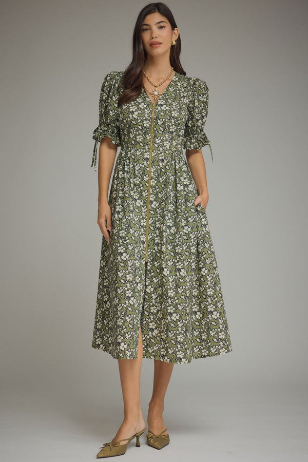 Olive Floral Print Puff Sleeve Midi Dress w Front Zipper Closure