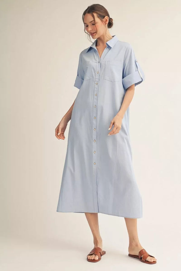 Roll Up Blue Sleeves Button Down Dress
