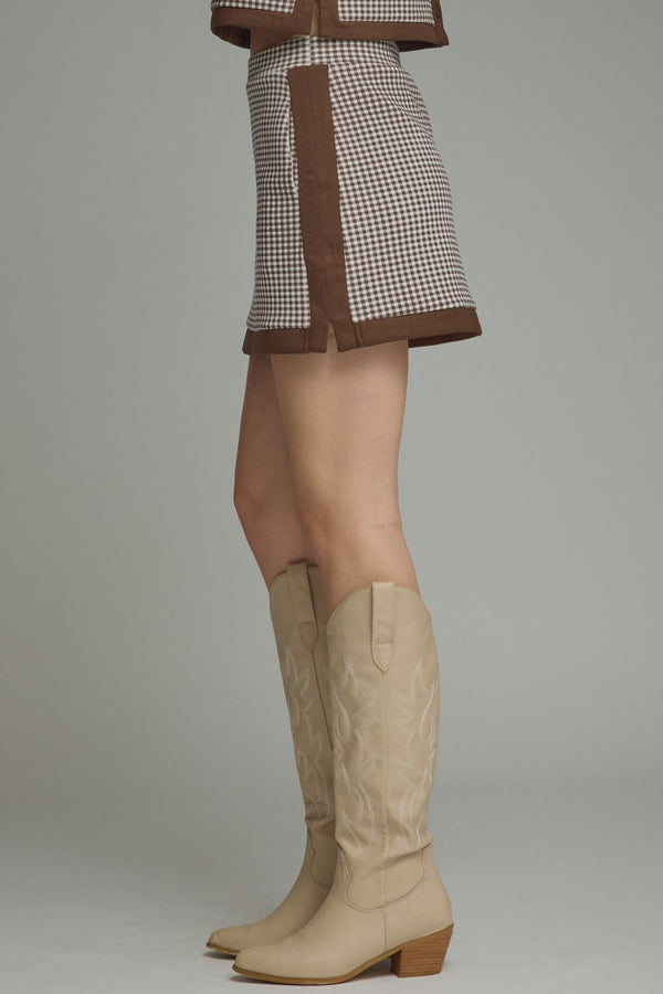 Brown Lined Gingham Mini Skirt