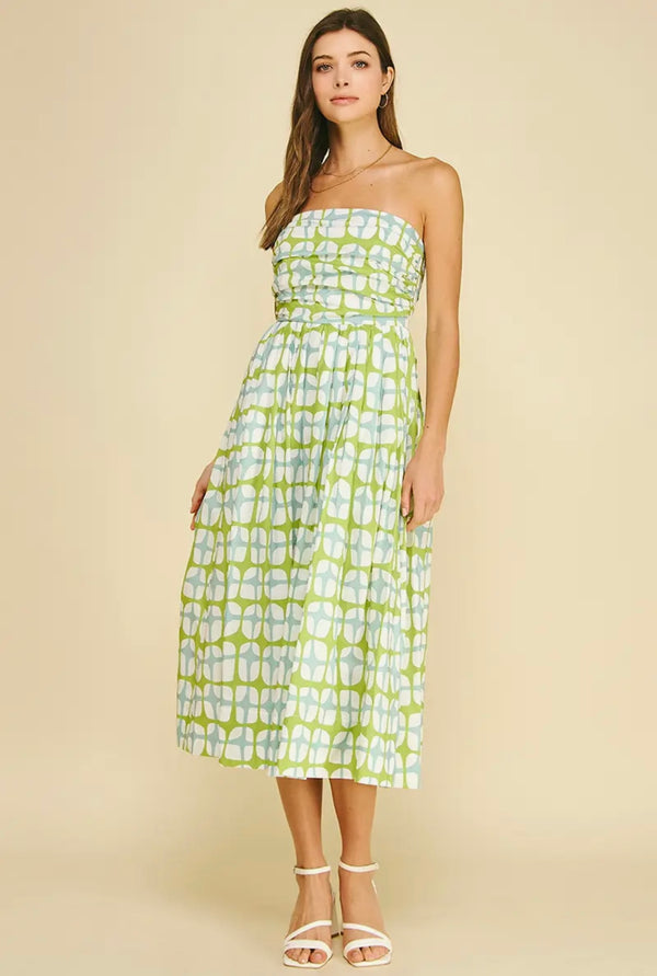 Geometric Print MIDI Dress | Aqua Green