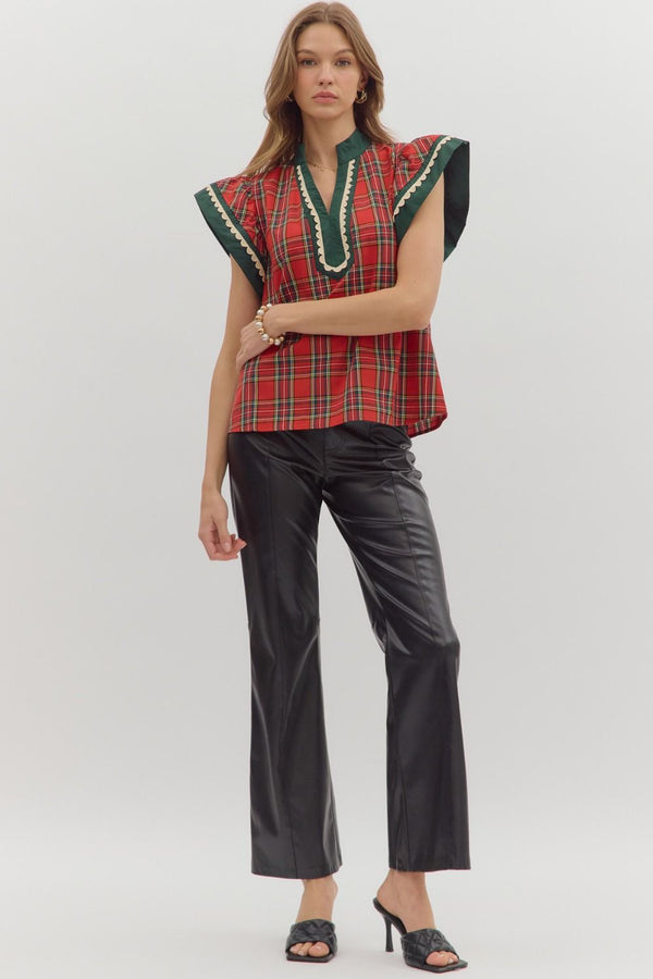 Plaid Scallop Trim Flutter Sleeve Top