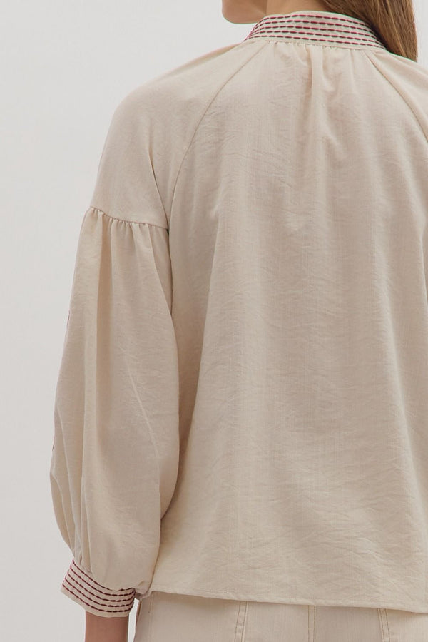 Ecru Long Sleeve Top w Floral Embroidery and Scallop Details