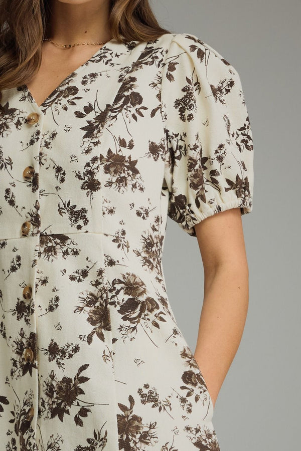 Ecru Floral Print V-neck Short Puff Sleeve Mini Dress