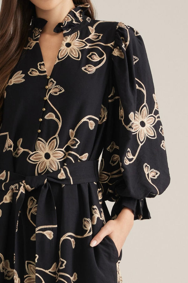 Black Floral Embroidered Puff Sleeve Midi Dress