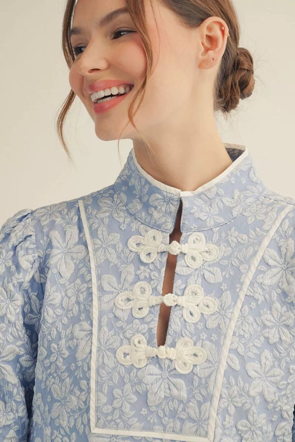 Blue Floral Jacquard Dress w Front Chinese Knots Frog Buttons