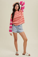 Striped Sleeve Contrast Sweater Peach and Coral